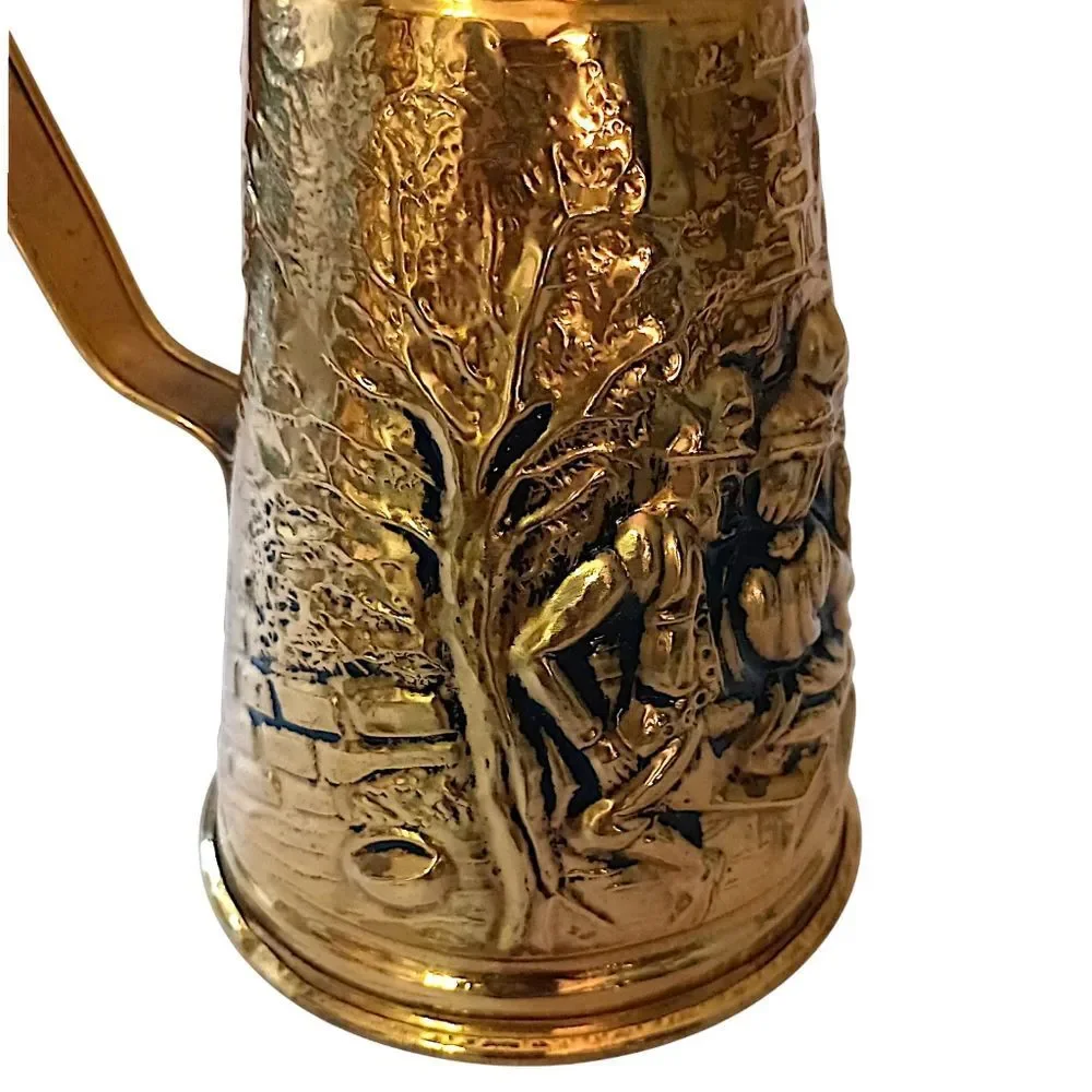 Brass Embossed Ale Pitcher‎ Pub Scene Repousse Made In England Textured Vintage